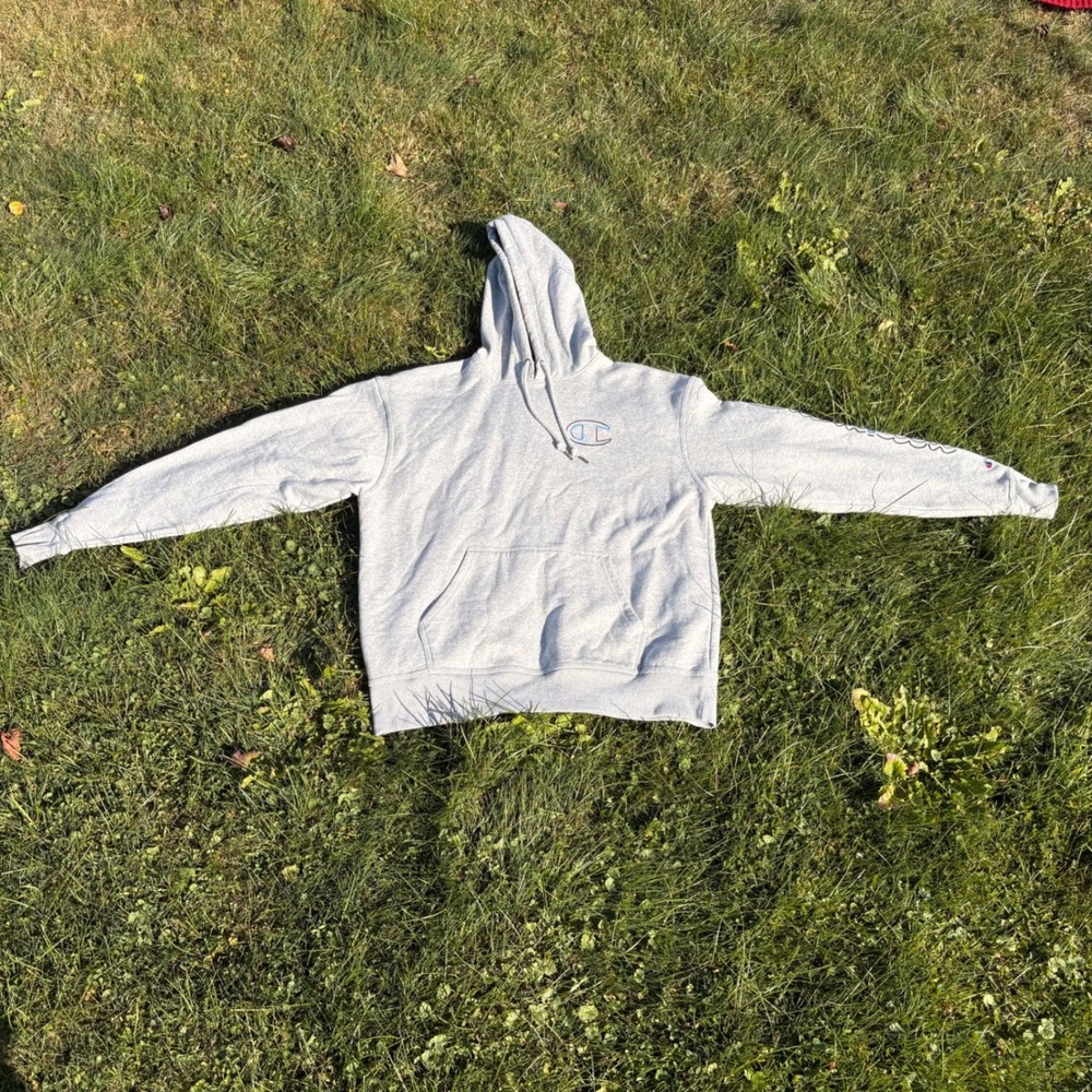 Champion Gray‎ Spell Out Hoodie Mens Large Pullover Sweatshirt Logo Sleeve